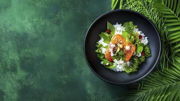 Grilled Fish with Rice and Vegetables on Dark Green Backgrounds and photo