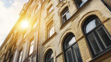 Vintage Buildings Sunlit Yellow Facades and Arched Windows with photo