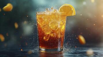 Refreshing Iced Tea With Lemon And Ice Cubes For Summer Heat Reliefs photo
