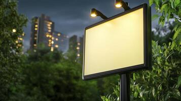 Blank Yellow Billboard at Night in City Park Setting photo