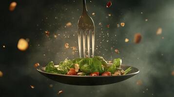 Dark Salad With Nuts Tossed On A Fork And Plate With Smoke Effects photo