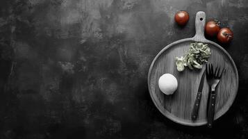 Fresh Cheese, Tomatoes, and Greens on Dark Wooden Board photo