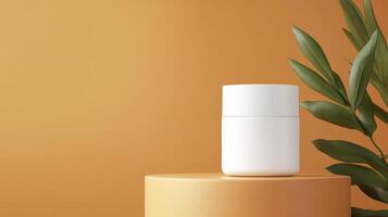 White Cosmetic Container On Orange Platform With Green Leaves Display photo