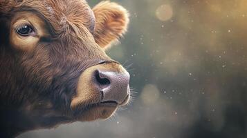 Close Up Brown Cow Portrait Soft Lighting Bokeh Backgrounds photo