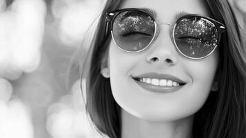 Smiling Person In Sunglasses Monochrome Outdoor Portrait With Soft photo