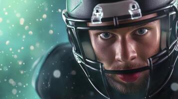 Focused Athlete Portrait Sweat, Teal Background Bokeh Effect. Close photo