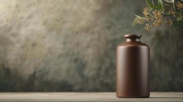 Brown Ceramic Vase On Wooden Surface Against Textured Backgrounds And photo