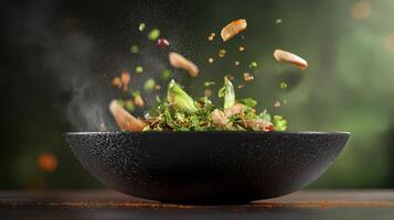 Fresh Salad With Tossing Ingredients In Dark Bowl Against Green photo