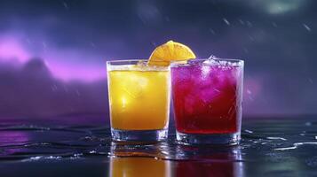 Vibrant Orange And Purple Cocktails On Dark Reflective Surface And photo