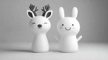Adorable White Deer And Rabbit Figurines On Gray Backgrounds photo