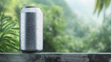 Silver Metal Can with Water Droplets Against Lush Tropical Foliage photo