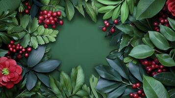 Vibrant Green And Red Berry Wreath On Dark Green Background photo