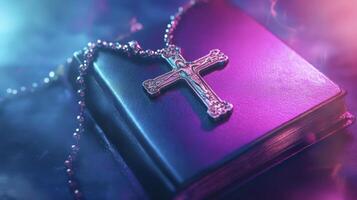 Silver Cross On Purple Book Under Neon Light For Spiritual Symbolism photo