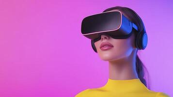 Woman Experiencing Virtual Reality In Studio Environment With Neon photo