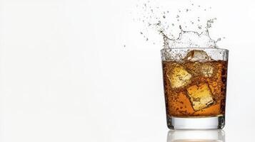 Amber Liquid Splashing In Glass With Ice Cubes On White Backgrounds photo