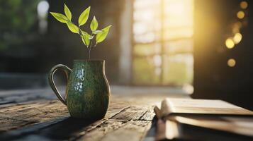 Green Ceramic Mug With Plant On Rustic Wooden Table In Sunlight photo
