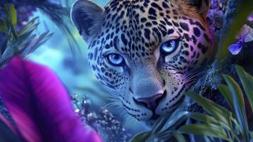 Mystical Big Cat Portrait In Tropical Foliage And photo