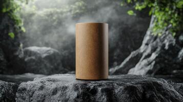 Brown Cylinder On Dark Rock In Misty Jungle Setting Visual Mockup photo