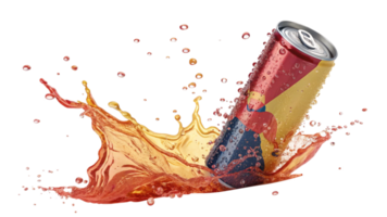 Refreshing Energy Drink Splashing from a Can in a Dynamic Pose png