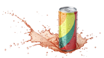 Refreshing Soda Can with Splashing Liquid and Colorful Design png