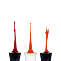 Three vibrant liquid splashes in different shapes and intensities captured against a stark black background showcasing dynamic fluid motion and contrasting colors png