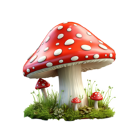 Enchanted 3D Render of a Giant Red Mushroom with White Spots Surrounded by Lush Green Grass and Smaller Mushrooms png