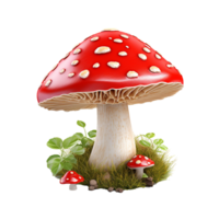 A Stunning 3D Render of a Large Red Mushroom with White Spots Surrounded by Lush Green Vegetation png