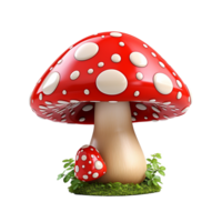 A whimsical 3D rendering of a large red mushroom with white polka dots and a smaller mushroom beside it nestled in green moss png