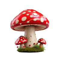 Enchanted Forest Scene with Large Red Mushroom and Two Smaller Ones Surrounded by Lush Green Grass and Red Flowers png