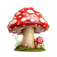 A whimsical 3D render of a giant red mushroom with white dots and a smaller mushroom beside it, nestled in a bed of vibrant wildflowers and green grass png
