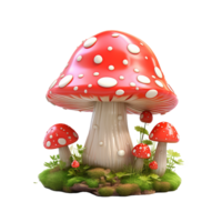 A whimsical 3D rendering of a large red mushroom with white spots surrounded by smaller mushrooms and lush green foliage png