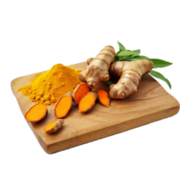 Fresh Turmeric Root and Powder on Wooden Board A Vibrant Display of Culinary and Medicinal Spice png