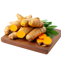 Fresh Turmeric Roots on Wooden Cutting Board with Parsley Garnish A Vibrant and Healthy Spice png