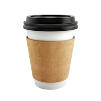 A Detailed Closeup of a Disposable Coffee Cup with a Cardboard Sleeve and Black Lid png