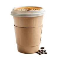 A delicious cup of coffee in a disposable paper cup with a cardboard sleeve and coffee beans png