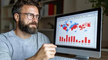 Focused Bearded Man Analyzing Data on Computer Screen photo