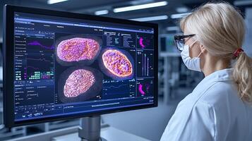 Scientist Examining Microscopic Organisms on a Computer Screen photo