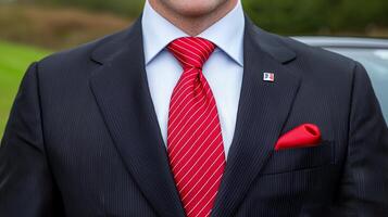 Close Up of Man in Dark Suit with Red Patterned Tie and Red Pocket Square photo