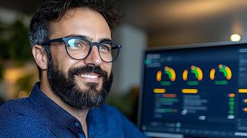 Smiling Bearded Man with Glasses Working on Computer Data Charts photo
