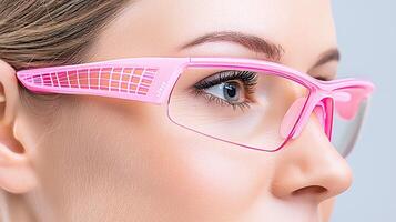 Close Up of Woman Wearing Pink Angular Eyeglasses with Textured Frame photo
