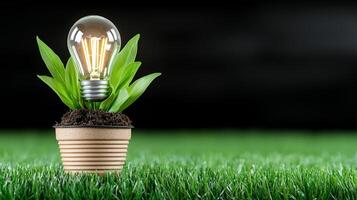 Glowing Lightbulb Planted in Pot on Grass photo