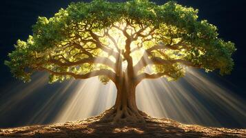 Ancient Tree Illuminated by Golden Rays of Light photo