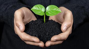 Hands Holding a Sprout Emerging from Dark Soil photo