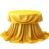 Elegant Gold Silk Draped Tablecloth on Round Tabletop 3D Render png
