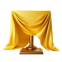 Golden pedestal covered with luxurious yellow silk cloth, elegant presentation display, 3D rendering, product reveal, award ceremony, grand unveiling, secret reveal, mystery box, prize presentation png