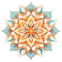Intricate Orange and Teal Mandala Design with Symmetrical Floral Patterns and Soft Color Palette png