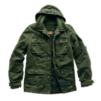 Men's Green Hooded Canvas Jacket with Multiple Pockets and Button Closure png