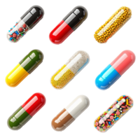 Collection of Colorful Capsules Filled with Various Medications and Supplements png