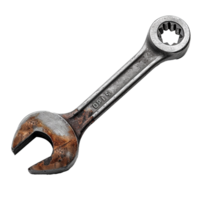 Rusty Old OpenEnd Wrench with 15mm Size Marking on a Gray Background png