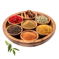 Assortment of spices in wooden bowls on a wooden tray a culinary delight png